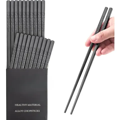 [New Deal] 10 Pairs Chopsticks  Reusable Fiberglass Alloy Chopstick Set, Dishwasher Safe (Pure Black) (A) Cutlery Tableware Utensils Sturdy, Birthday, Serving