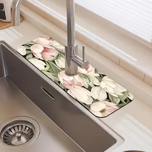 Floral Pattern Faucet Mat, 1 Count Waterproof Durable Rubber Splash Guard, Non-slip Kitchen Sink Mat, Home Supplies