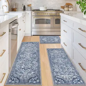 Boho Kitchen Rugs Sets 3 count with Runner Floral Kitchen Floor Mat Carpet Farmhouse Kitchen Rugs and Mats Non Skid Washable Runner Rug for Kitchen Floor Office Sink Laundry, Blue