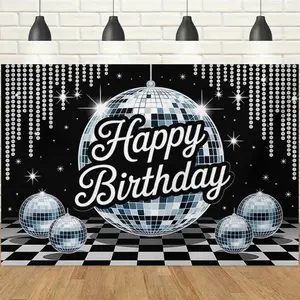 1pc 2D Disco Ball Birthday Banner, Retro Black and White Check Disco Theme Backdrop, Party Decoration Tapestry, Photo Booth Background Cloth for Birthday Party Celebration