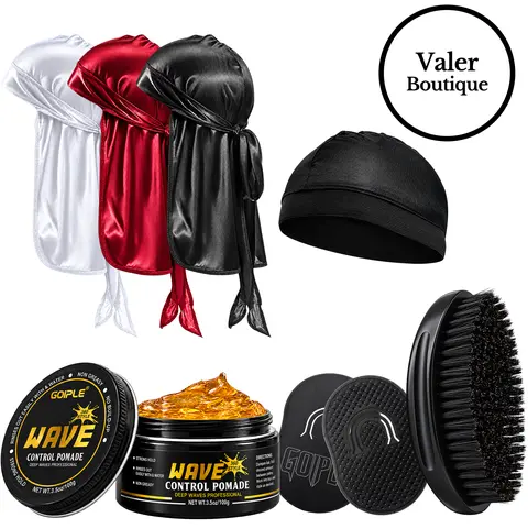 STRONG HOLD-360 Wave Training Kit for Men Goiple Pomade Curved Brush Durag Cap Set Strong Hold Easy Wash Moisture Shine for Silky Waves Men's Hair Care Synthetic Comfort curl