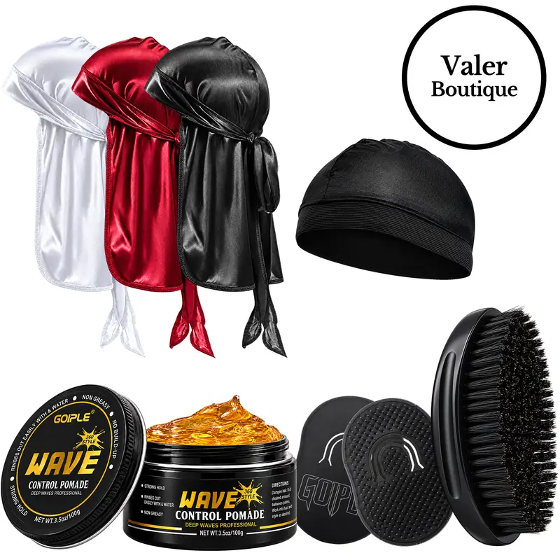 STRONG HOLD-360 Wave Training Kit for Men Goiple Pomade Curved Brush Durag Cap Set Strong Hold Easy Wash Moisture Shine for Silky Waves Men's Hair Care Synthetic Comfort curl