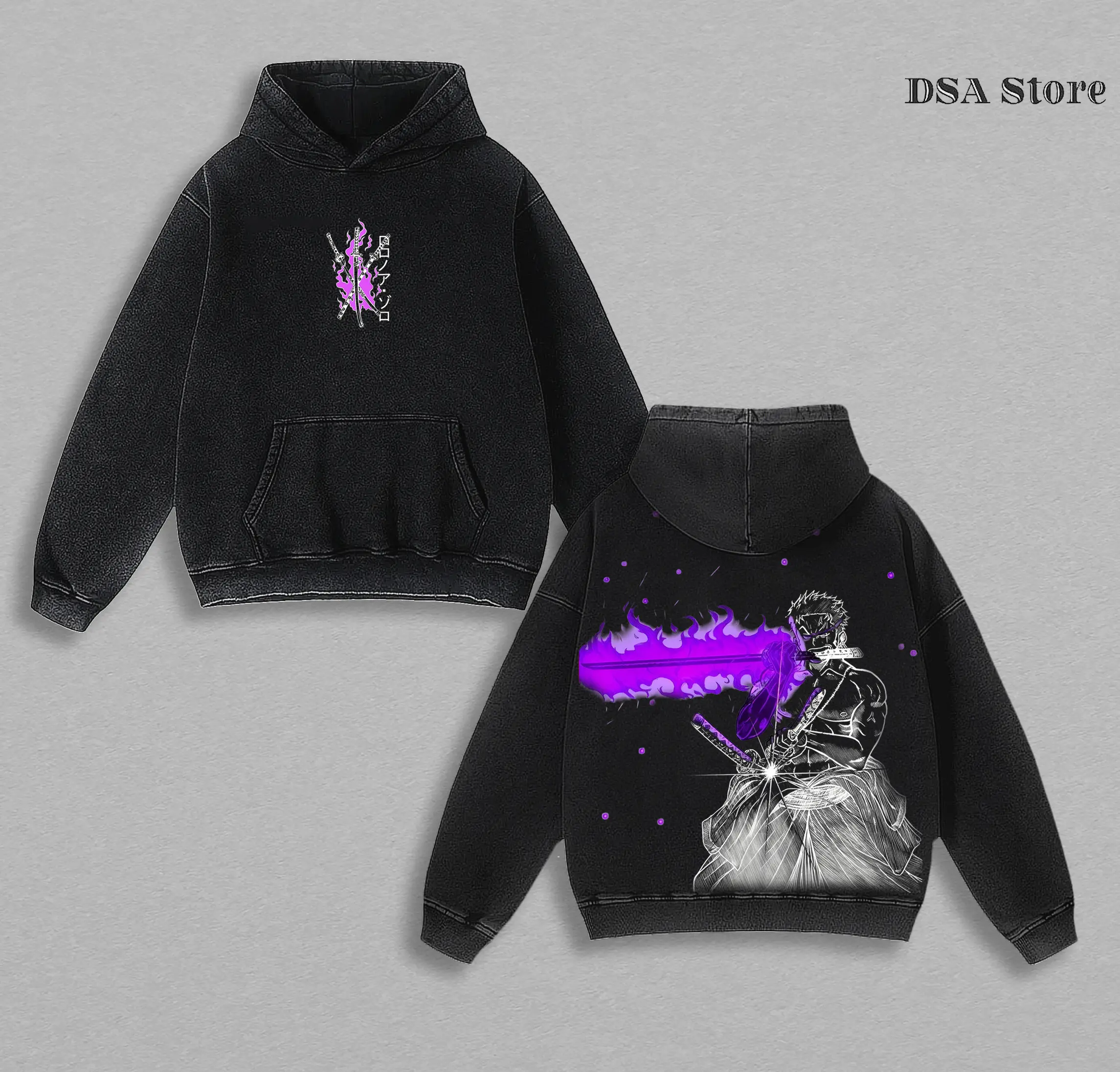 Rengoku Onigiri x Zoro Washed Hoodie & Tee - Vintage Oversized Double-Sided Anime Graphic Streetwear, One Piece Merch for Men & Women, Harajuku Unisex Top, Casual Trendy Outfit for Anime Lovers