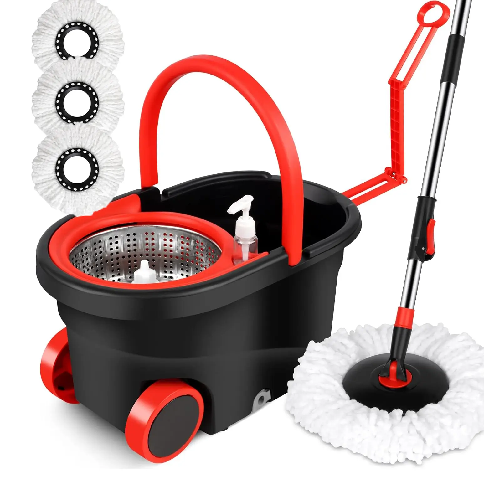 SummerVibes  Black/Red Spin Mop and Bucket Set with Wring System Set Bucket with Wheels Extendable Handle 3pcs Microfiber Replacement Mop Heads for Garden Cleaning