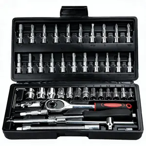 46-Piece ¼ Inch Drive Socket Wrench Set with Metric Sockets and Extension Rods, Car Repair & Home Use, Includes Storage Box