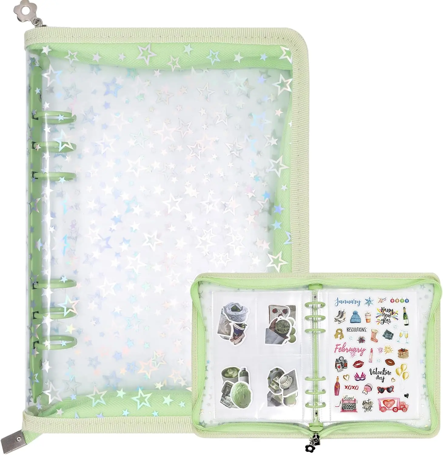 Sticker Organizer Binder -  Sticker Collecting Book Storage Album Holder with Pocket Pages A5 Zipper Cover Collection Container (Green)