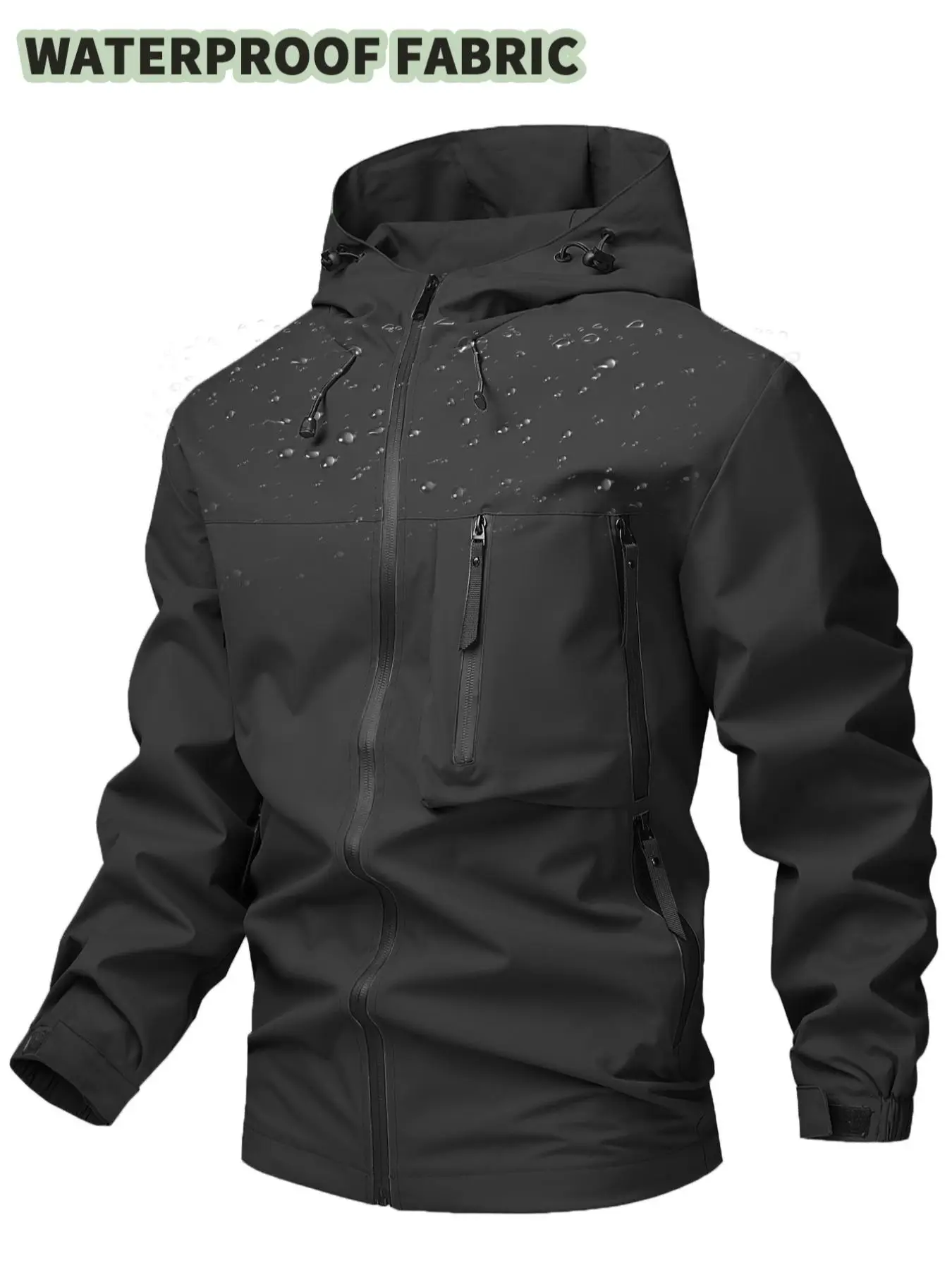 Men's Solid Color Drawstring Zip Up Hooded Jacket, Regular Fit Casual Comfy Waterproof Long Sleeve Outerwear for Fall & Winter, Men's Clothes for Dail