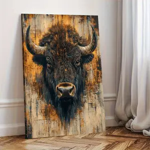 2D Flat 1 Piece Western Bison Wall Art with Frame, Realistic Bison Animal Painting, Rustic Wood Texture, Hook for Easy Hanging, Perfect Home Decoration, Home Ornament| Rustic Style Wall Art| Durable Canvas, Bison Decoration, Modern Home Decor