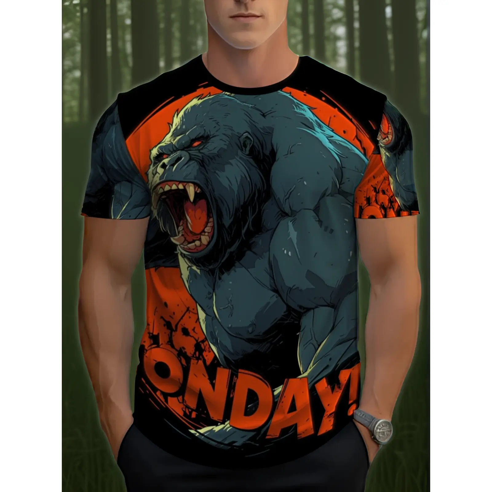 Men'S Full-Body Gorilla Print T-Shirt - Short-Sleeved Casual Crew Neck Shirt Featuring a Gorilla Design, Lightweight And Durable, Suitable for Home And Restaurant Wear, Machine Washable, Available in Black And Orange Colors