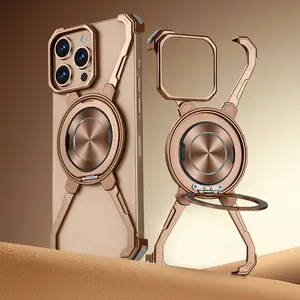 OATSBASF X Phone Case for iPhone 16 Pro \ 16pro max, with Kickstand 360° Rotatable Magnetic Stand, Frameless Slim Shockproof Protective Metal Bumper Phone Cover Silicone Detachable Holder Installation Desert Gold