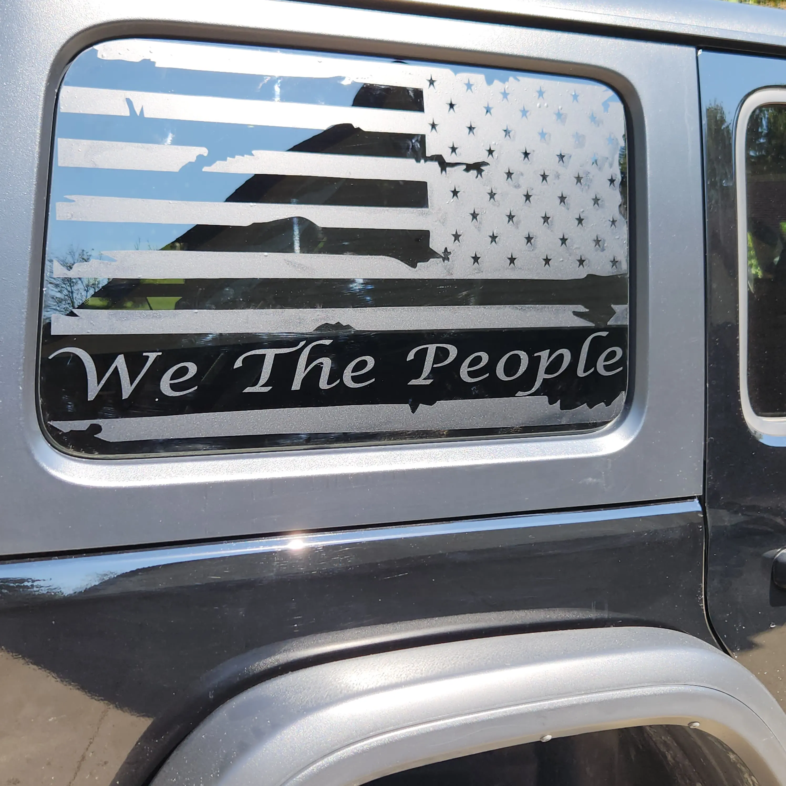 Pair One Color Tattered Ripped WE THE PEOPLE American Flag #2 Decal  Sticker Fits all Year Jeep Wrangler 2 or 4 door Unlimited Rear Window