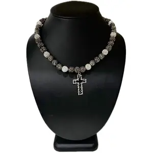 Iced Bling Disco Ball Rhinestone Crystal Beaded Baseball Drip Silvered Hematite Necklace + Barbed Wire Cross Pendant