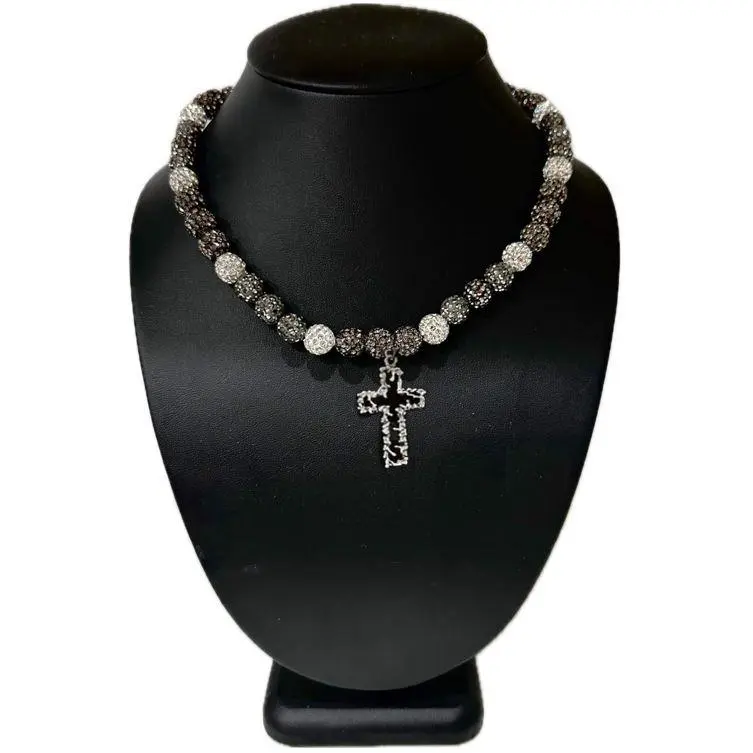 Iced Bling Disco Ball Rhinestone Crystal Beaded Baseball Drip Silvered Hematite Necklace + Barbed Wire Cross Pendant