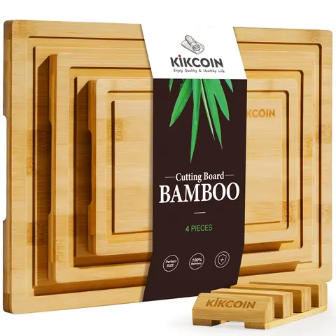 Kikcoin 4-Piece Extra Large Natural Bamboo Cutting Board Set with Storage Stand - Durable Kitchenware, Juice Grooves, Knife-Friendly, Invisible Handles, Non-Slip, Multifunctional, Tidy Holder, Ideal Mother's Day Gift (3pcs with Holder Option Available)