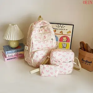 oein 3pcs Women's Fashion Backpack Set - Durable Nylon, Multi-Compartment, College Style, Pink & White with Bow Accent, Ideal for Daily Commute, School & Travel