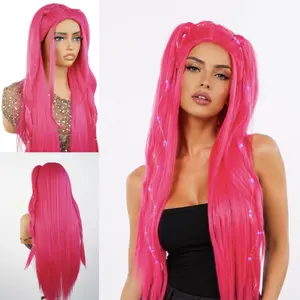 30" Pink synthetic fiber wig with LED lights – a special wig for festive occasions.