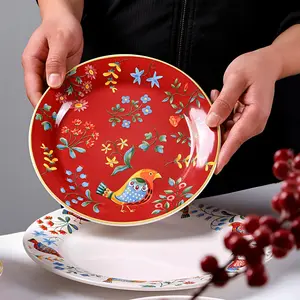 Bird & Flower Pattern Ceramic Plate, 1 Count Modern Style Dinner Plate, Dishwasher Safe Dinnerware for Home Kitchen Dining Room