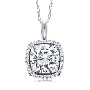 Gem Stone King 10K White Gold White Moissanite and White Diamond Pendant Necklace For Women (1.90 Cttw, Gemstone Birthstone, Cushion Cut 7MM, with 18 Inch Chain)