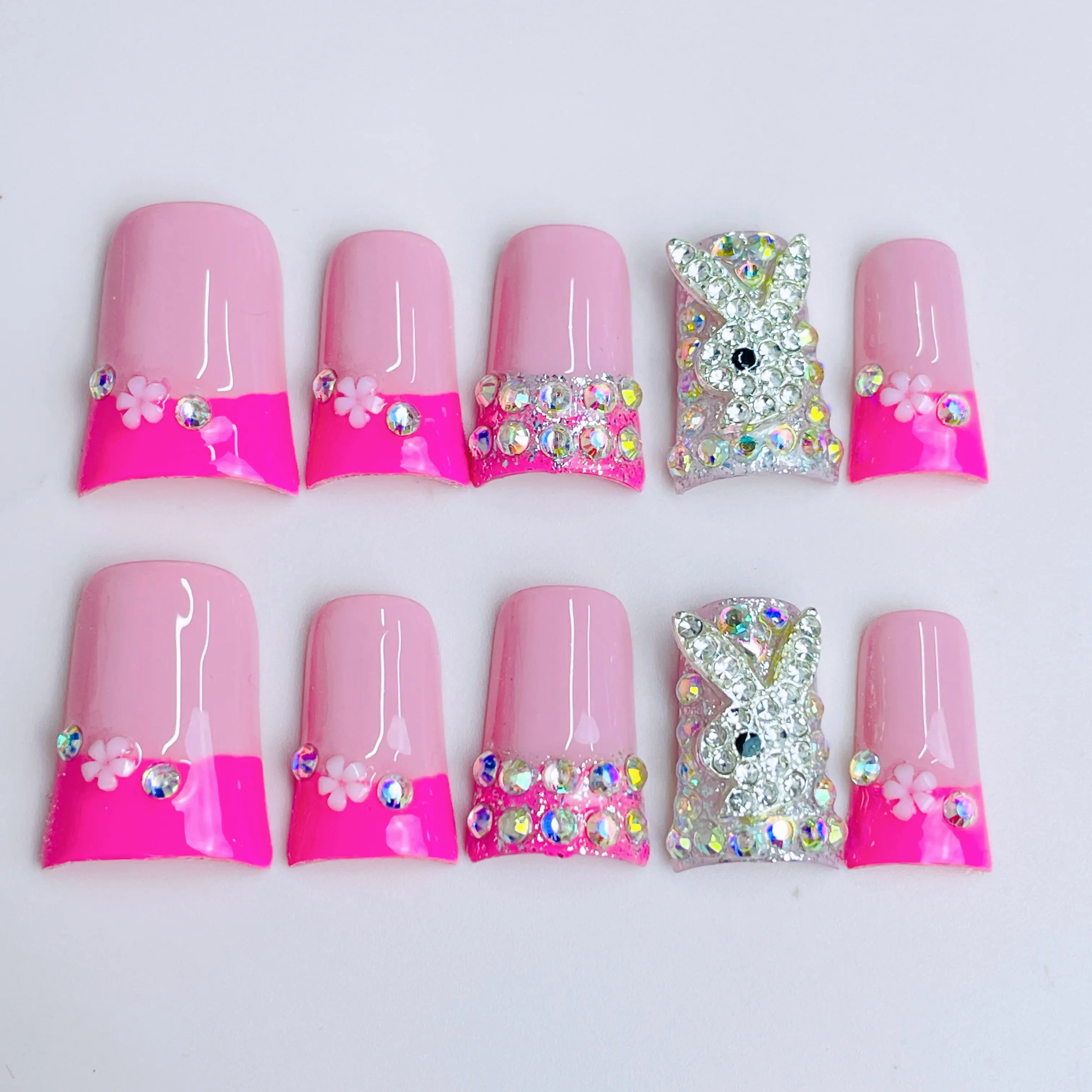 10 PCS Handmade Press-on Nails with Cute Acrylic Bunny & Rhinestone Accents, Pink Duckbill Shape Wearable Nail Art, Handmade Wearable Nails