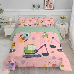 3PCS Space Engineering Vehicle Embroidered U-shaped Stitched Bed Set, consisting of one quilt (with filling 200gsm) and two pillowcases (without filling). The fabric is soft and comfortable, easy to clean, and suitable for bedroom home decoration.