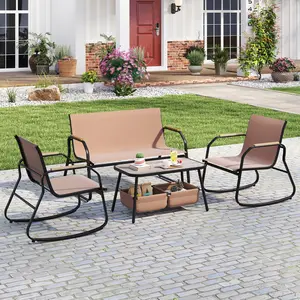 COSTWAY - 4 Pieces Patio Furniture Set with Rocking Bistro Chairs and Breathable Mesh Fabric-Coffee