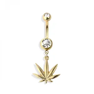 Double Jeweled Marijuana CBD Hemp Leaf Dangle Belly Button Ring  - 316L Stainless Steel