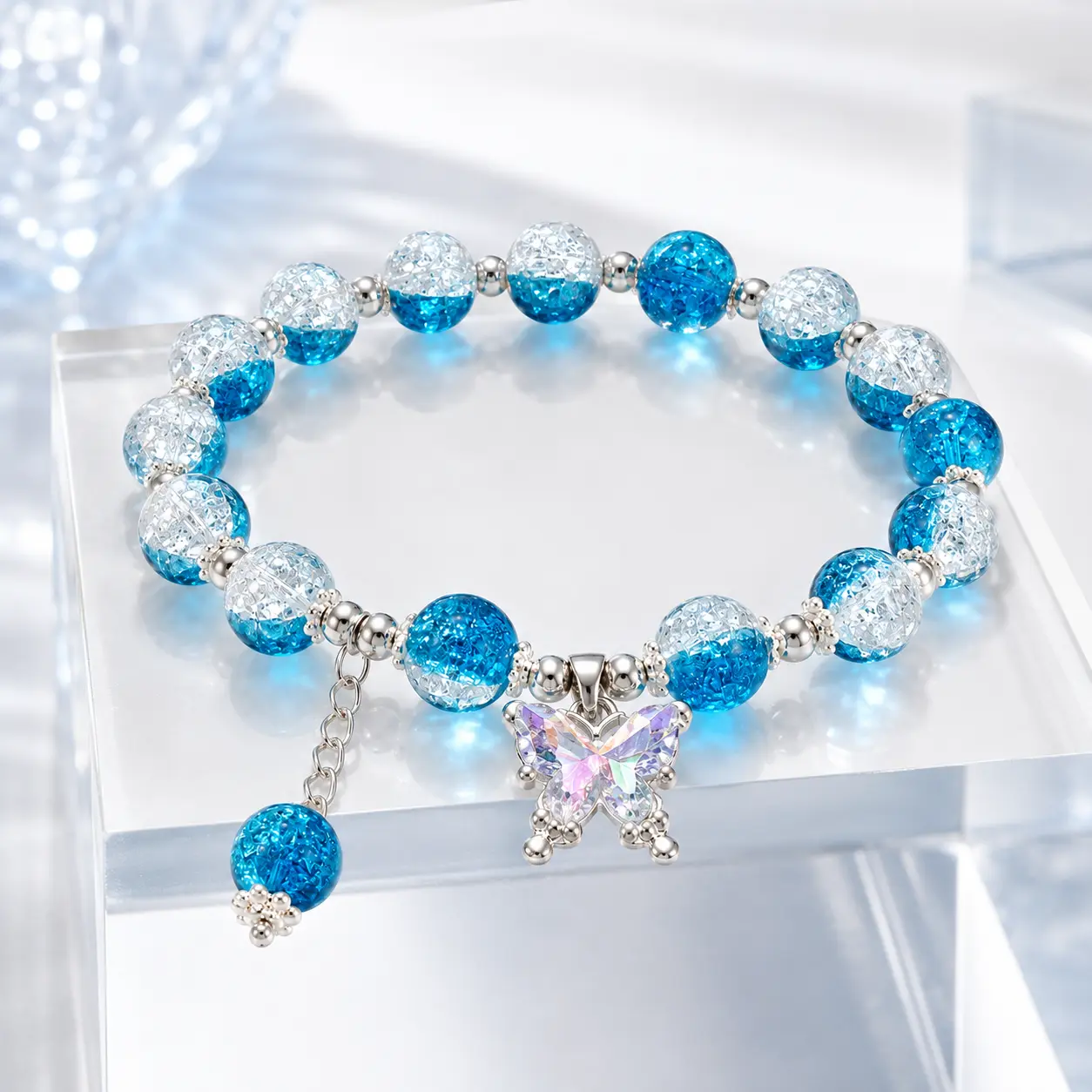 Women's Silver-Tone Stretch Crackle Beads Bracelet - Blue Crackle-Effect, Iridescent Butterfly Charm, Dangle Bead, Unisex Everyday Wear Jewelry Gift for Teens, All Seasons, Approximate Size, Butterfly Center