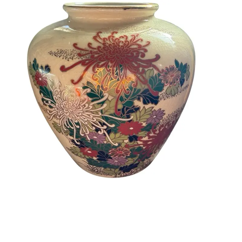 Vintage Japanese Chrysanthemum Vase with Colorful Floral Design and Classic Ceramic Style