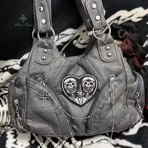 Women's Y2K Vintage Motorcycle Shoulder Bag Fashion Soft PU Chains Multiple Pockets Tote Bags Moto Style Messenger Crossbody Bag
