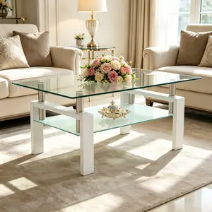 Shipping Included Modern Glass Coffee Table White Living Room Rectangle with Tempered Glass Metal Tube 2 Layers Storage for Small Space & Waiting Room