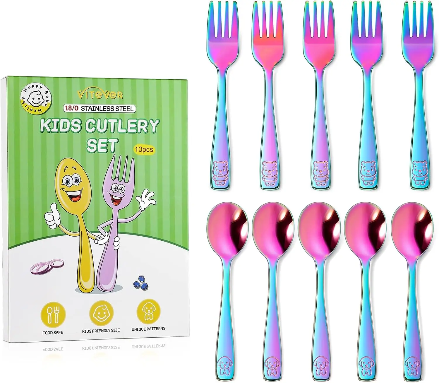 VITEVER 10 Pack Toddler Utensils, Stainless Steel Rainbow Silverware Set for Kids, Children Safe Cutlery Set Includes Forks and Spoons - Dishwasher Safe