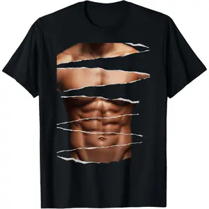 100% Cotton Printed Street-Style T-Shirt Ripped Abs Reveal Muscular Torso Funny Fitness Design T-Shirt