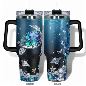 1pc Stainless Steel Cup 40oz/30oz/22oz/20oz/14oz Water Bottle,Funny Design With Crystal Turtle Starfish Stingray Double-layer insulation Leakproof Large Capacity, Needed for Gym, Hiking, Travel Ideal Birthday Ch Leakproof Insulated Tumbler