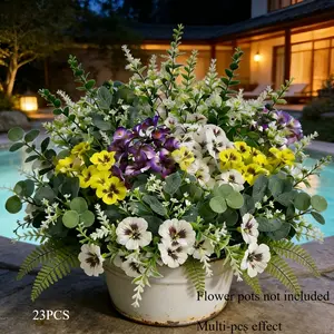 23pcs Beautiful Spring Pansy and Lavender Flower Arrangement Bouquet, UV-Resistant Artificial Flower Set, Romantic Floral Theme Outdoor Faux Bouquet with Pansies, Lavender, Fern, and Eucalyptus Branches - Premium Plant Design, Fade-Resistant