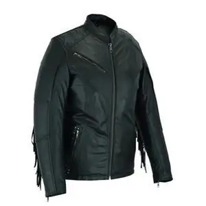 High Mileage "Roxy" Women's Fringe and Rivet Detail Premium Lightweight Black Leather Lady Biker Motorcycle Fashion Jacket