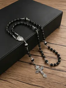 Vintage Rosary Cross Pendant Necklace, 8mm Beaded Virgin Mary Charm, Unisex Prayer Jewelry, Portable Religious Accessory