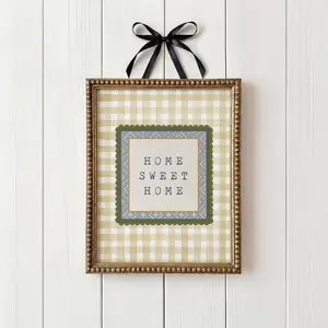 Home Sweet Home Wall Art, Yellow Gingham Farmhouse Print, Cozy Cottage Kitchen Decor, Vintage Country Print Wall Art [Unframed]