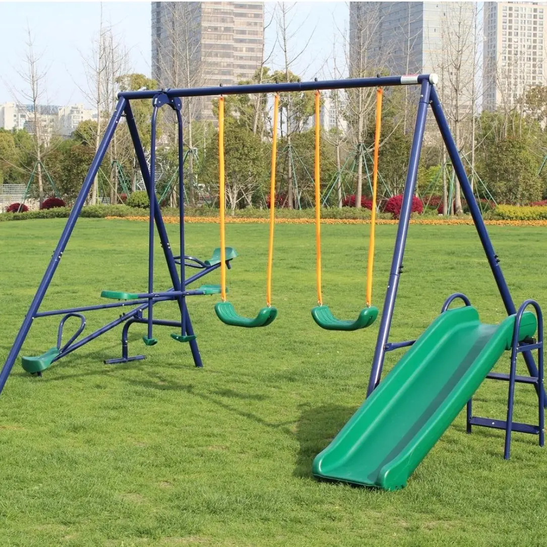 All-in-1 Outdoor Kids Playground Swing Set - Heavy-Gauge Metal Frame, Slide, Seesaw, Assembly Kit for Garden, Yard