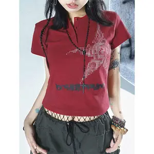 Y2k Harajuku Crop Top Japanese Style Star Pattern Round Neck Short Sleeve T Shirts Graphic Tee y2k Women Clothes Streetwear Womenswear Tshirt Summer Casual Crewneck Blue Fitted Shortsleeve