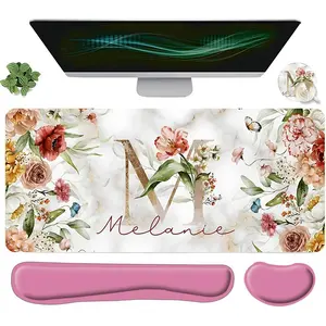 Vintage Floral Pattern Mouse Pad & Keyboard Wrist Rest Set, Ergonomic Wrist Support Mouse Pad, Office Accessories Set for Home Office Gaming, Gaming Mouse Pads