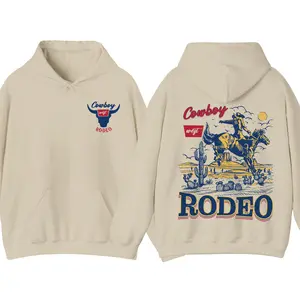 Vintage Cowboy Rodeo Graphic Hoodie, Retro Western Pullover, Washed Style Cowboy Hoodie, Casual Streetwear Trendy Apparel
