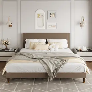 Corduroy Upholstered Platform Bed Frame with Headboard – Sturdy Metal & Wooden Slats – Noise-Free, No Box Spring Needed – Modern Low Profile Design – Easy Assembly – Bedroom Furniture – Brown