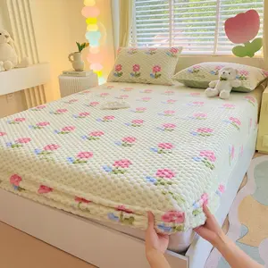 1 Piece Cartoon Print Fitted Sheet Bean Velvet Fitted Sheet Milk Velvet Mattress Cover Protector mattress  toppers room essential sheets jesus  sheets
