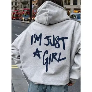 1pc Women'S Casual Polyester Hoodie with "I'M JUST a GIRL" Slogan Print, 100% Polyester Knit Fabric, All-Season Hooded Sweatshirt with Drop Shoulder Design Tops Fit Long Sleeve Comfort Womenswear Everyday Soft Style Pullover Light Grey