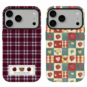 Cottagecore Plaid Strawberry Phone Case, Cute Bear & Apple Print Tough Cover, Cozy Aesthetic Protective Case, Compatible for iPhone 17 16 15 14 13 12 11