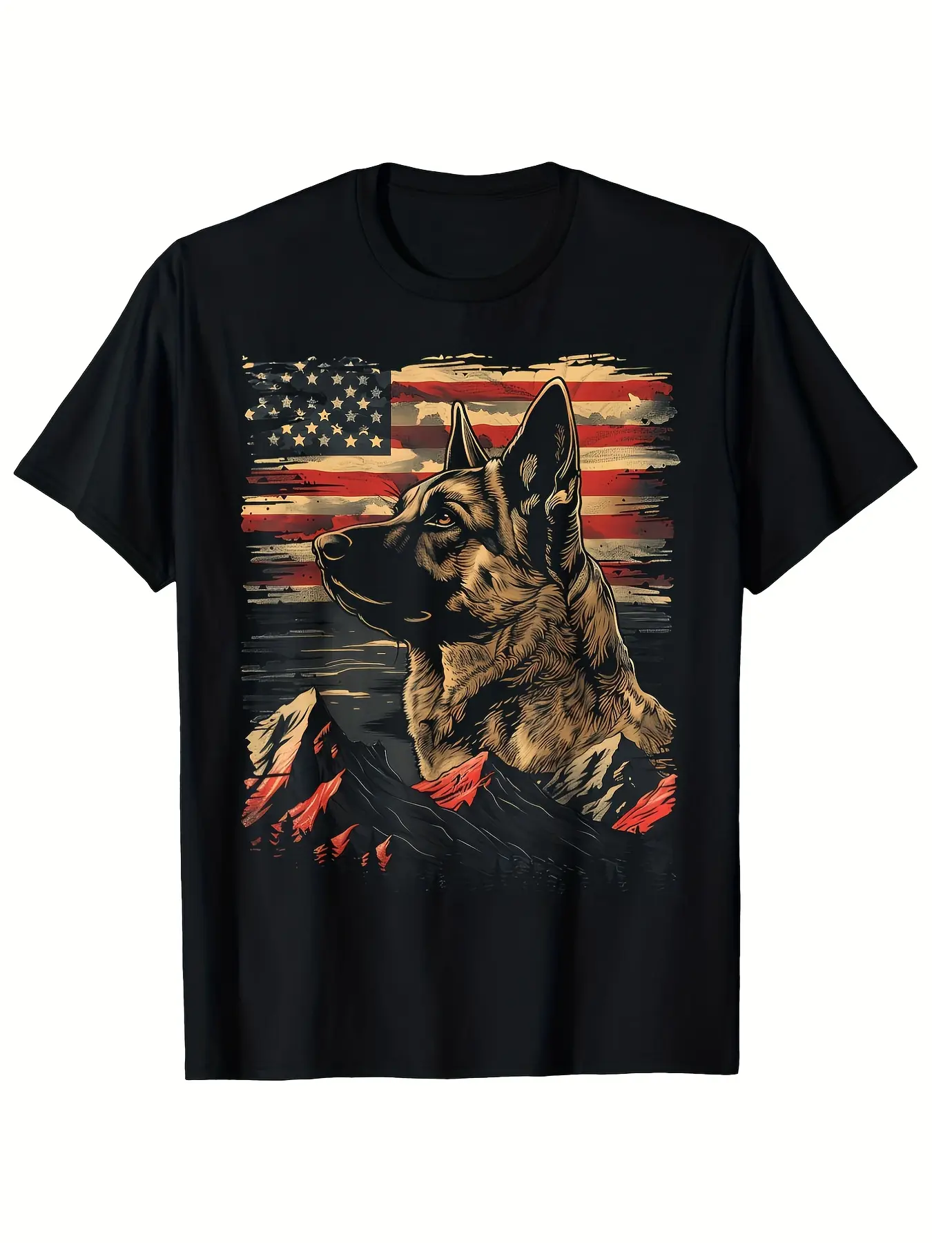 Patriotic American Flag & German Shepherd Silhouette T-Shirt -  All-Season Comfort Casual Fit S-XXXL Black - Perfect Christmas Gift for Men Dad Husband Grandpa Festive Apparel B Regular Fit Casual Tee Machine Washable All-Season Top