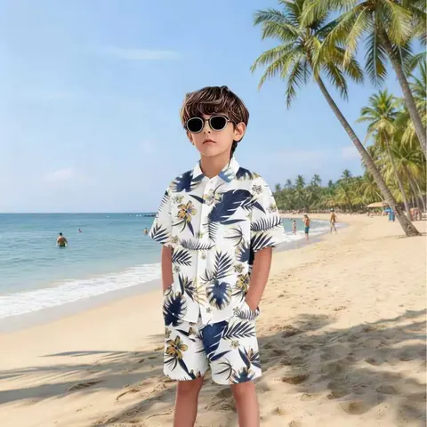 Tropical Palm Tree Print Boys' Short Sleeve Shirt Outfits Set, Summer Casual Breathable Two-Piece Matching Set, Loose-Fitting Graphic Clothing Beachwear, Clothes for Children, Clothes Kids