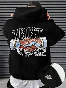 Men's Letter & Hand Print Drop Shoulder Long Sleeve Hoodie, Graphic Print Hoodie Fashion Casual Regular Fit Drawstring Pocket Hooded Sweatshirt for Daily Holiday Outdoor Wear, Men Clothes for Fall & Winter