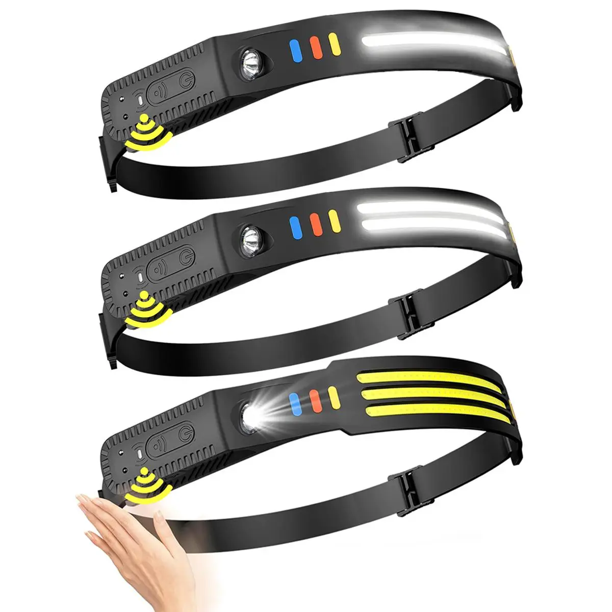 Rechargeable Headlight, Fall Gifts, Waterproof Led Headlamp with Motion Sensor, Led Headlight with Red, Yellow and Blue Light, for Camping, Running, C