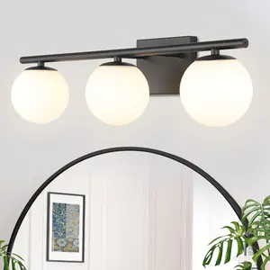 YHTlaeh Bathroom Wall Light Fixture, 3 Lights Bathroom Vanity Light With Brushed Black Milk White Globe Glass Shades, Matte Black Vanity Lights For Bathroom, Powder Room, Vanity Table, Bedroom, Kitchen (Exclude G9 Bulb)